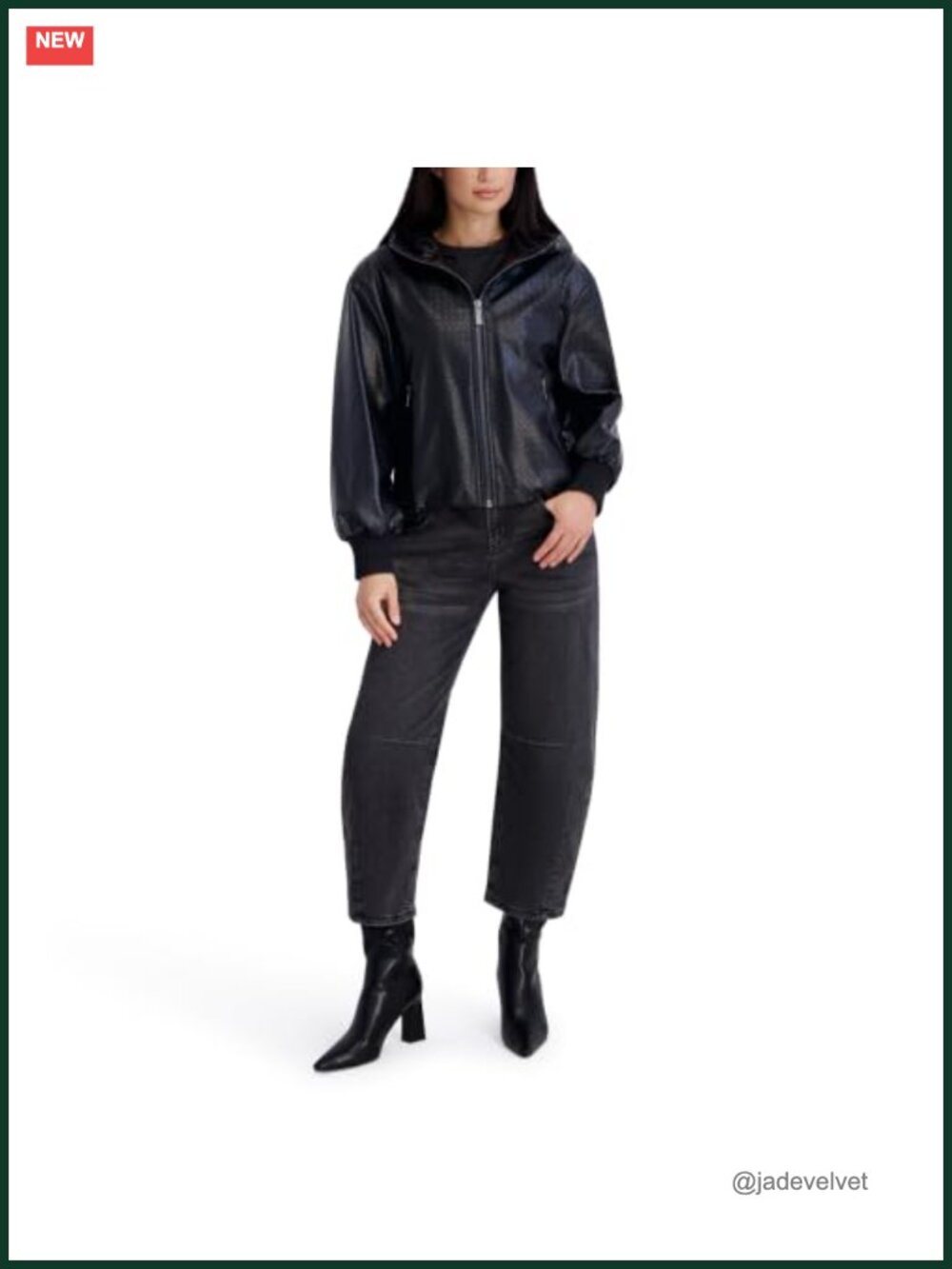 Hooded Faux Leather Bubble Hem Jacket - Zip Front Casual